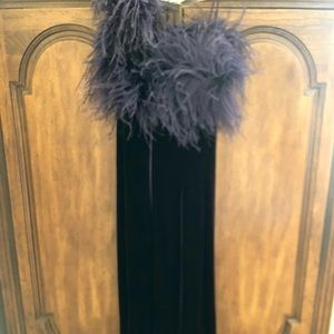Vintage ostrich feather and velvet one shoulder gown